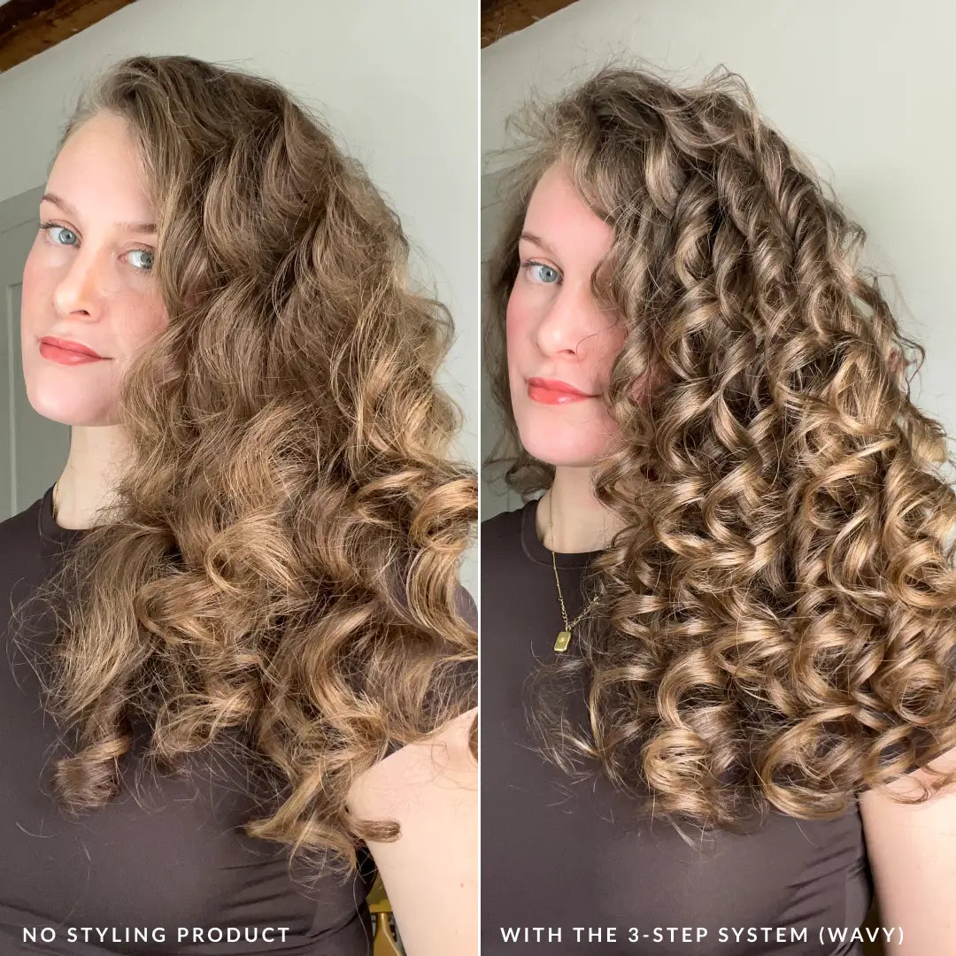 before and after of using the wavy styler with 3 step system shampoo conditioner and wavy styler