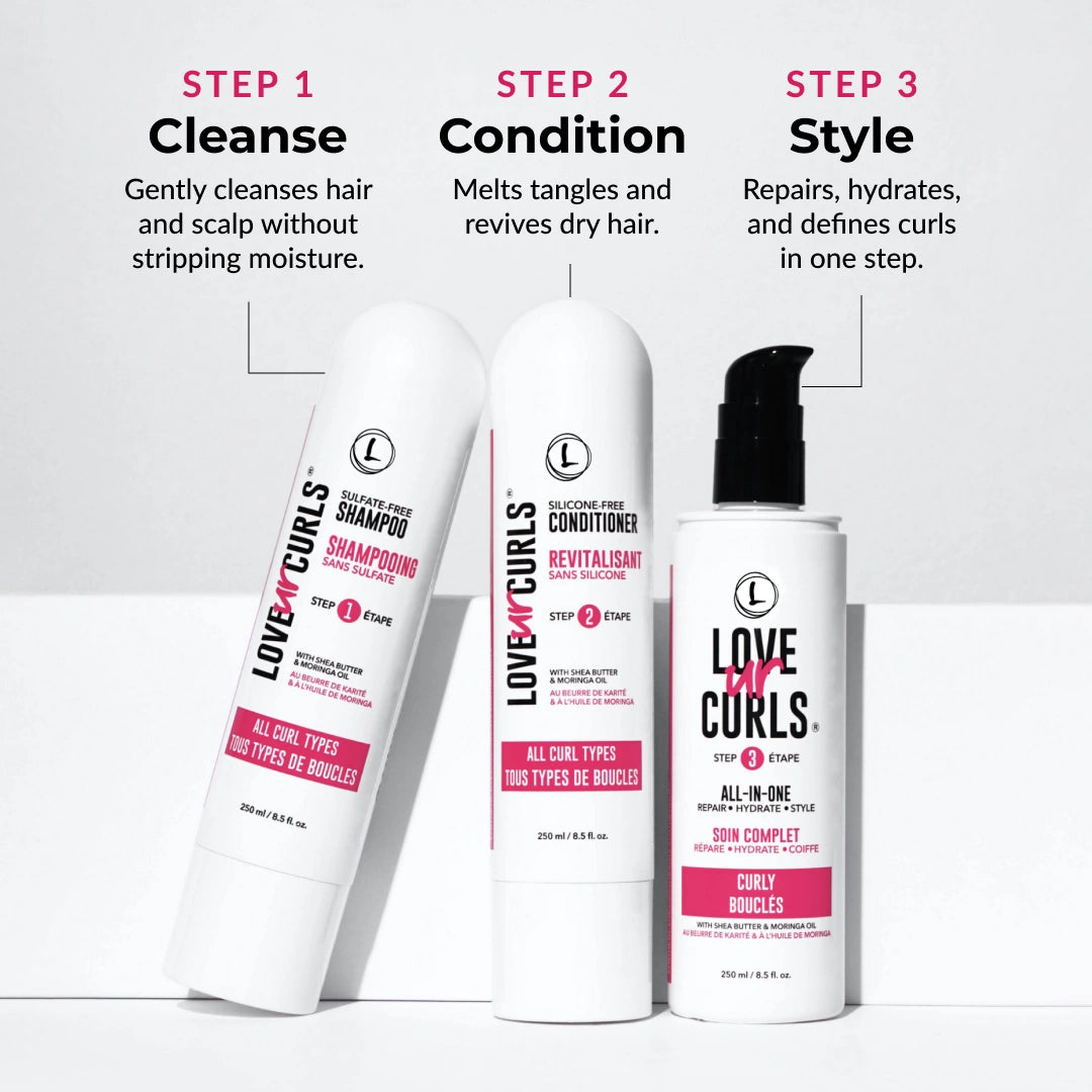 3 step system with cleanse condition and style with the styler of curly