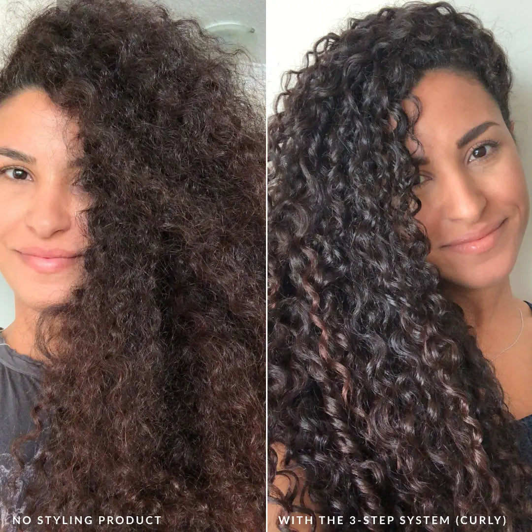 without and with using the styler in the 3 step system curly after using the shampoo and the conditioner