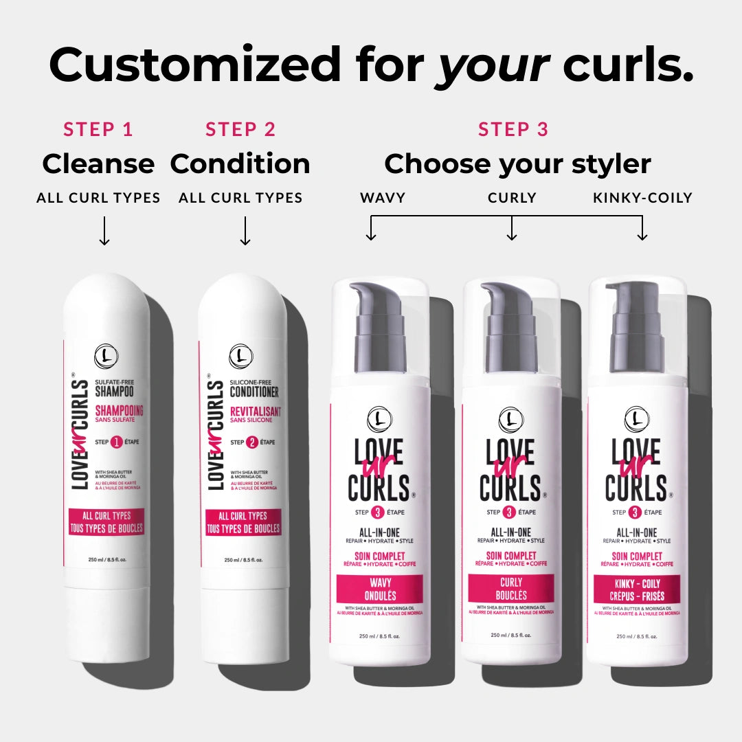 customizable 3 step system with the cleanser and condition. the styler can be selected based on wavy curly and kinky coily